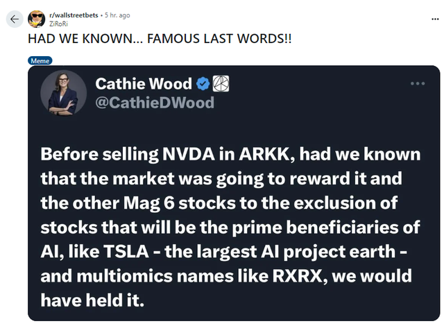 “木头姐”:“早知道英伟达这样,就不卖了!”,基民都气笑了:“这还能早知道?”